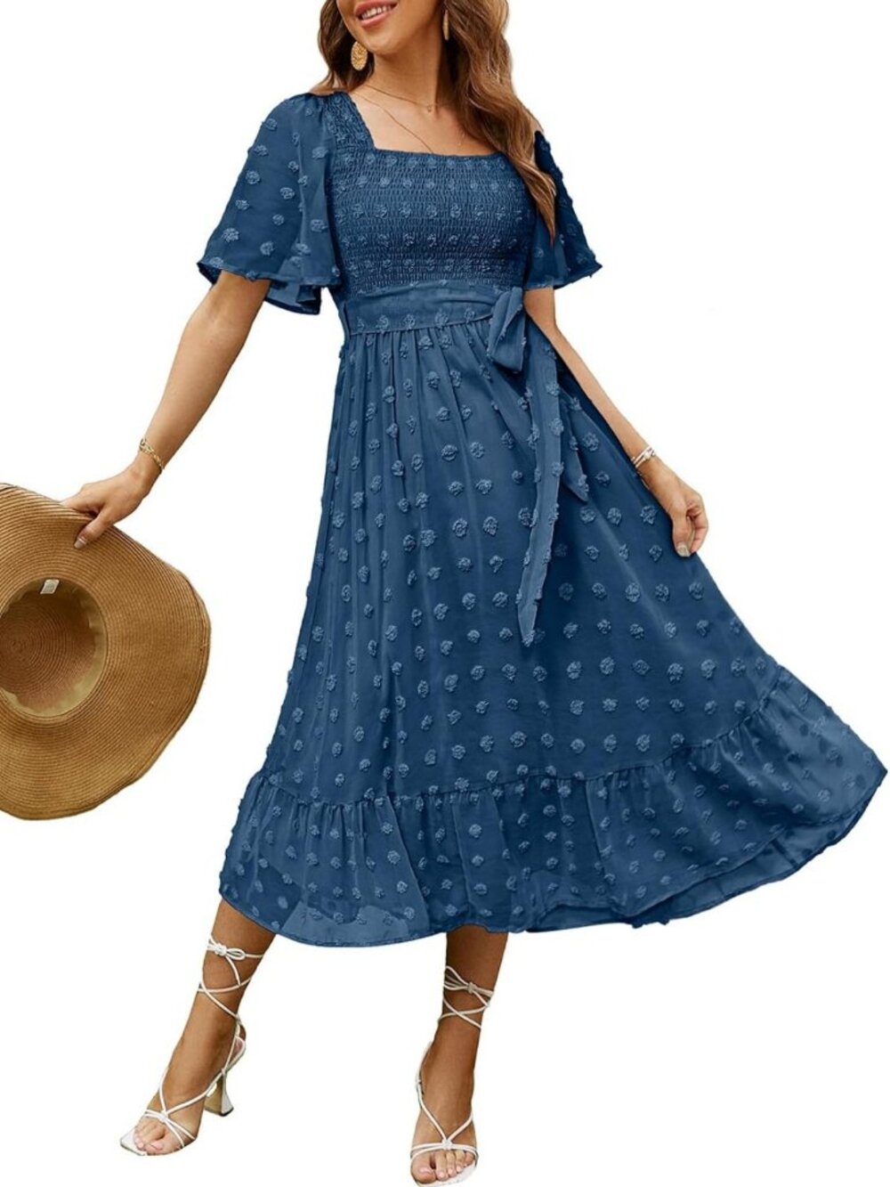Boho Floral Midi Dress - Long Sleeve, Square Neck, Smocked for Spring & Fall